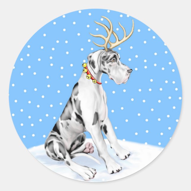 Great Dane Reindeer Christmas Harlequin UC Runder Aufkleber (Vorderseite)