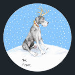Great Dane Reindeer Christmas Merle UC Geschenktas Runder Aufkleber<br><div class="desc">Dressed in Antlers und ein roter Glockenkragen - das Dane Deer ist bereit,  euch in dieser Weihnachtszeit beim Holiday Spirit zu helfen und wird sicher ein Favorit sein.</div>