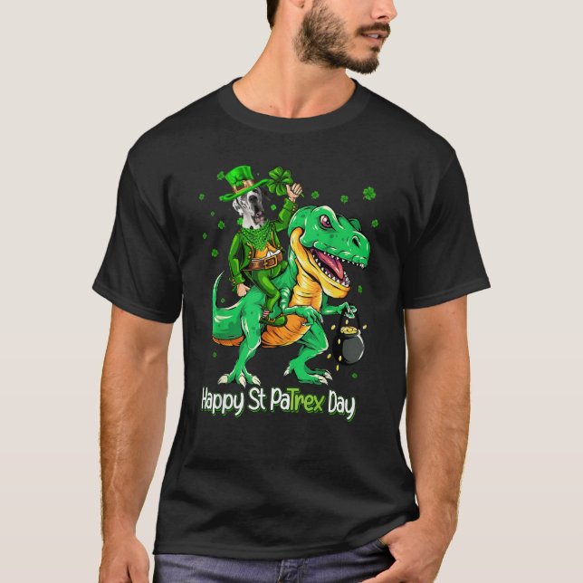 Great Dane Riding Dinosaur Patricks Day Shamrock T-Shirt (Vorderseite)