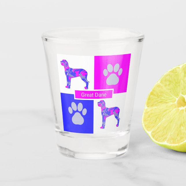 Great Dane Silhouette Dog & Paw Pink Blue Square Schnapsglas (Vorderseite)