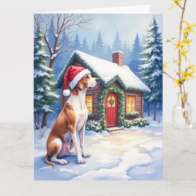 Great Dane Snowy Cabin Santa Hat Christmas Art Karte (Gelbe Blume)