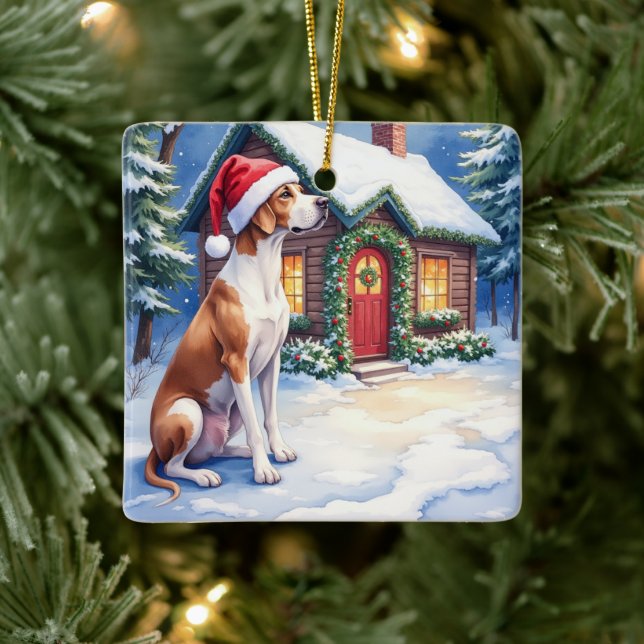 Great Dane Snowy Cabin Santa Hat Christmas Art Keramikornament (Baum)