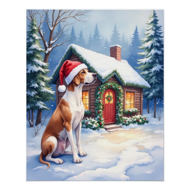 Great Dane Snowy Cabin Santa Hat Christmas Art Poster (Vorderseite)