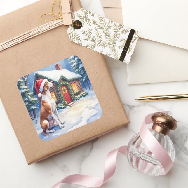 Great Dane Snowy Cabin Santa Hat Christmas Art Quadratischer Aufkleber (Schenken)