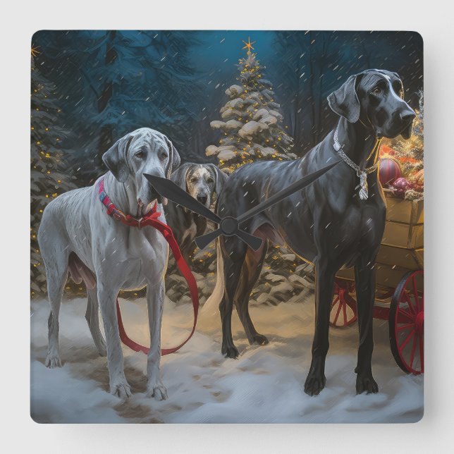 Great Dane Snowy Sleigh Weihnachtsdekor Quadratische Wanduhr (Vorderseite)