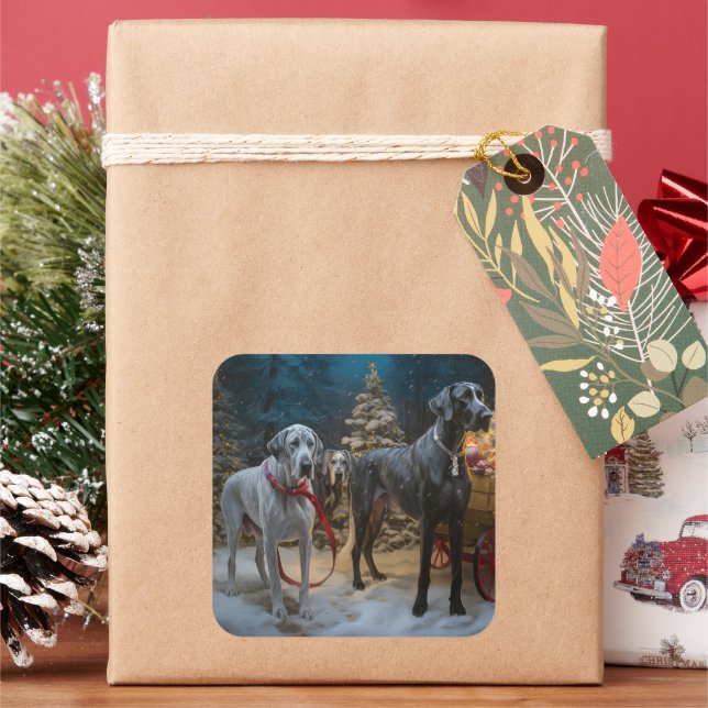 Great Dane Snowy Sleigh Weihnachtsdekor Quadratischer Aufkleber (Feiertag)