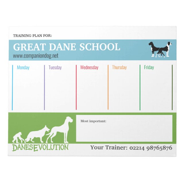 Great Dane Trainingsplan Notepad Notizblock (Vorderseite)