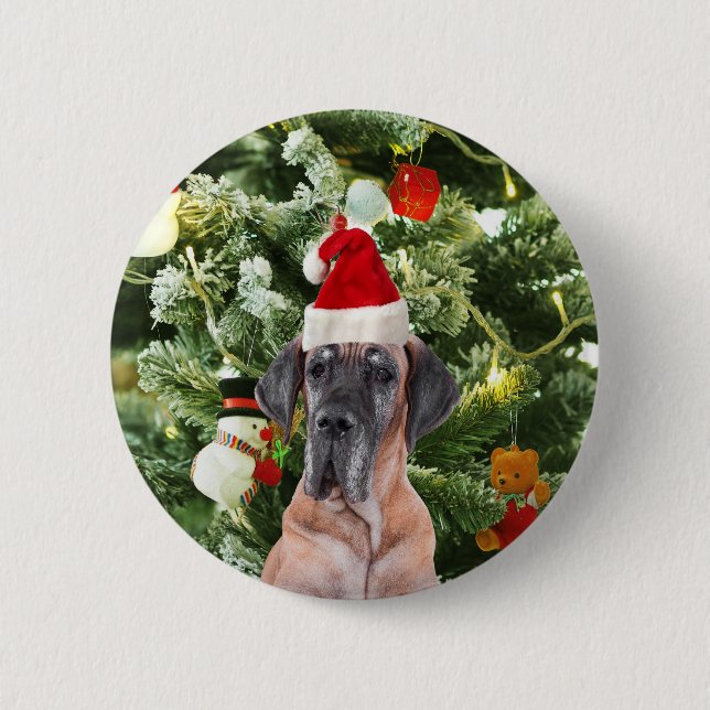 Great Dane w Christmas Tree Geschenkboxen Weihnach Button (Vorderseite)