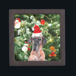 Great Dane w Christmas Tree Geschenkboxen Weihnach Kiste<br><div class="desc">Ein niedlicher Großer Dane Hund mit roter Weihnachtsmannmütze und posiert vor dem schön dekorierten Weihnachtsbaum,  mit Geschenkboxen Schneemann,  Teddy Bär,  Weihnachtsschmuck. Ein perfektes Geschenk zu Weihnachten!</div>