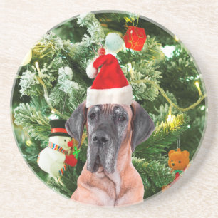 Great Dane w Christmas Tree Geschenkboxen Weihnach Sandstein Untersetzer