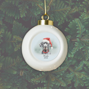 Great Dane Weihnachtsmannmütze Monogramm Name Jahr Keramik Kugel-Ornament