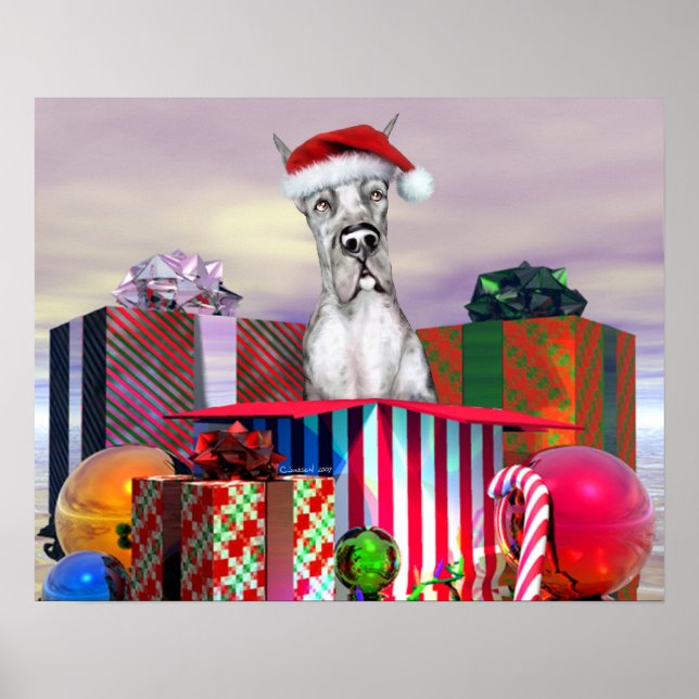 Great Dane Weihnachtsüberraschung Merle Poster (Vorne)