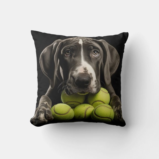 🐕 Great Dane Welpe mit 🎾 Tennisbällen Kissen (Vorderseite)
