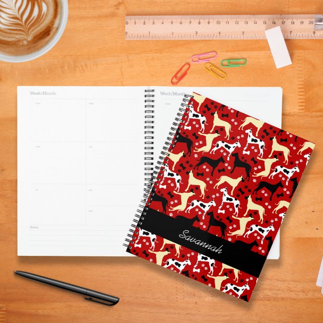 Great Danes Fawn Harlequin Dane Dog Planner Planer (Great Danes Pattern Planner in red)