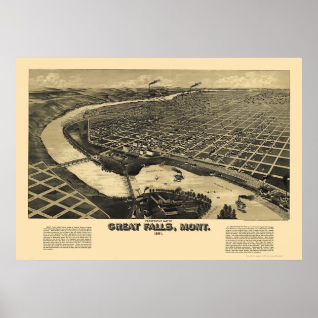 Great Falls, MT Panoramic Map - 1891 Poster (Vorne)