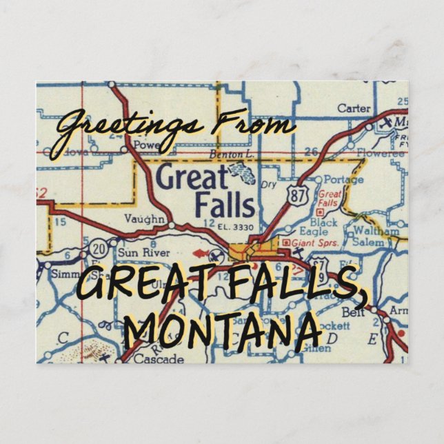 Great Falls MT Vintage Karte (Vorderseite)
