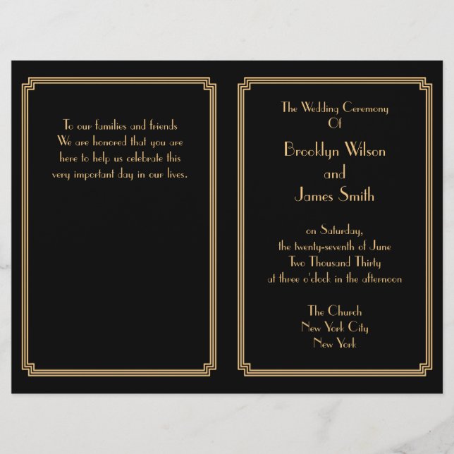 Great Gatsby Art Deco Black Gold Hochzeitsprogramm (Vorderseite)