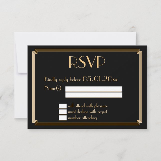 Great Gatsby Art Deco Black Wedding RSVP Cards (Vorderseite)