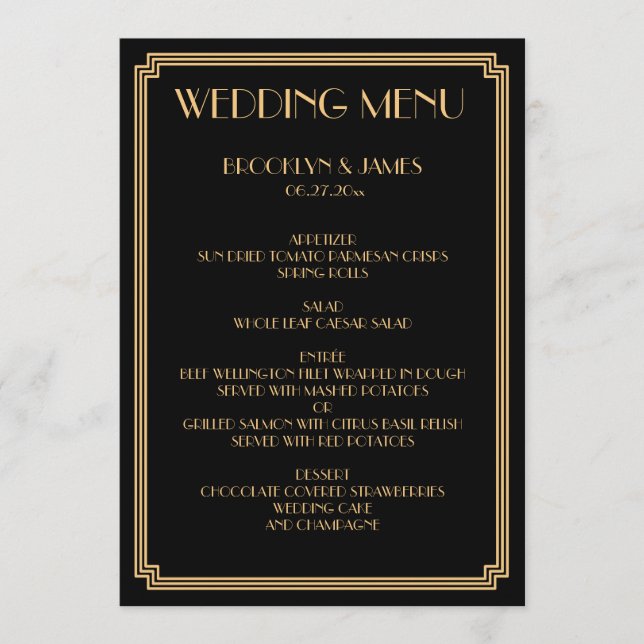 Great Gatsby Art Deco Gold Black Wedding Menü Menükarte (Vorderseite)