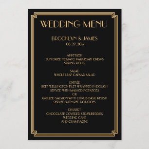 Great Gatsby Art Deco Gold Schwarzes Hochzeitsmenü Menükarte