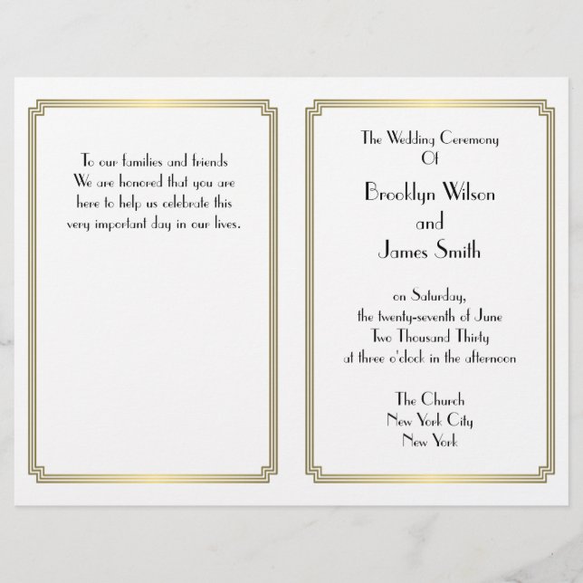 Great Gatsby Art Deco Gold Weiße Hochzeitsprogramm (Vorderseite)