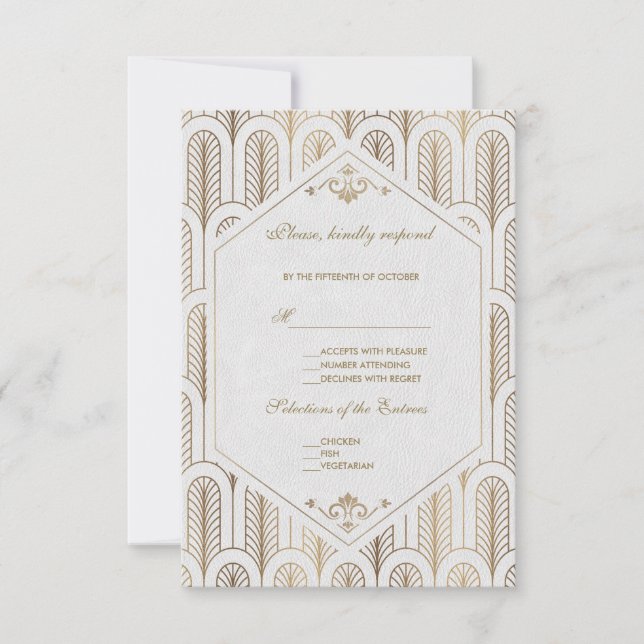 Great Gatsby Art Deco Gold White Wedding RSVP (Vorderseite)