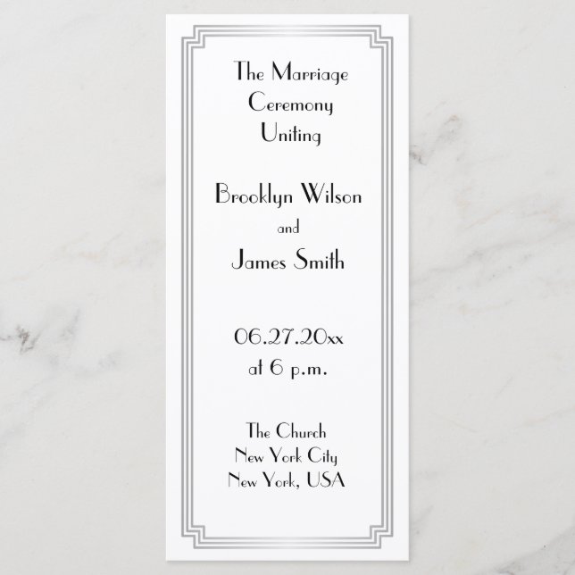 Great Gatsby Art Deco Silver Wedding Programme (Vorderseite)