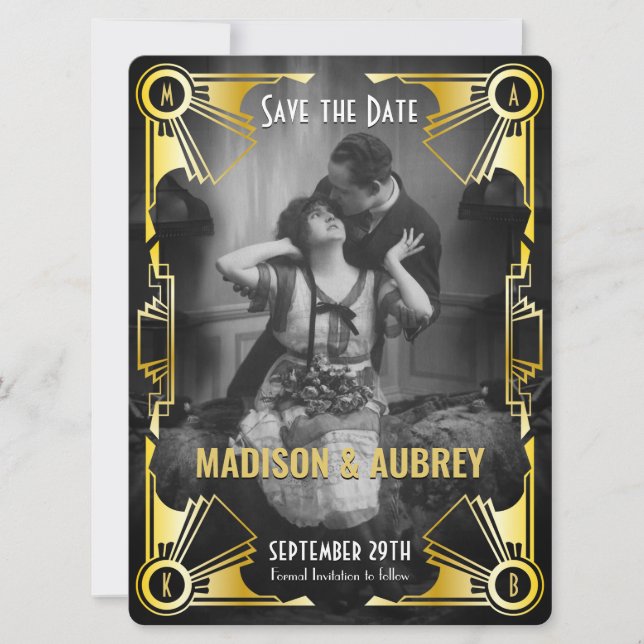Great Gatsby Art Deco Wedding Gold & Black Foto Save The Date (Vorderseite)