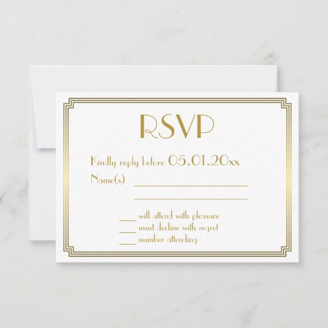 Great Gatsby Art Deco White Gold Wedding RSVP Card (Vorderseite)