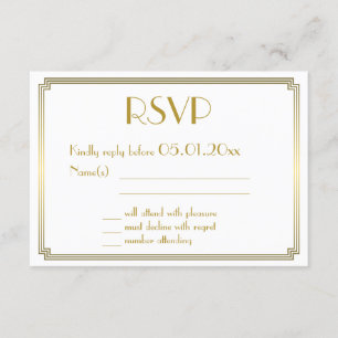 Great Gatsby Art Deco White Gold Wedding RSVP Card Karte