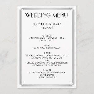 Great Gatsby Art Deco White Silver Wedding Menü Menükarte