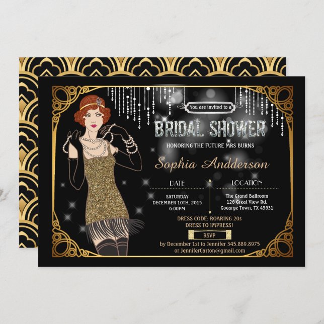 Great Gatsby Brautdusche Einladung Flapper (Vorne/Hinten)