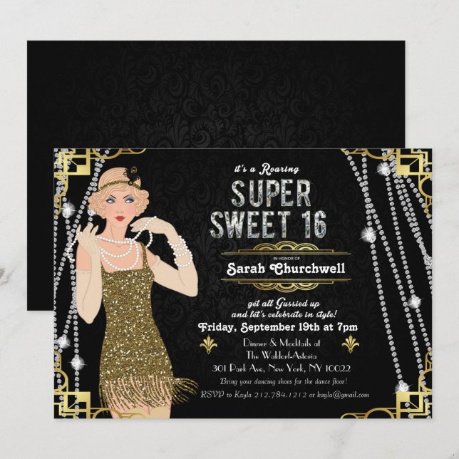 Great Gatsby Flapper Sweet 16 Birthday Einladung (Vorne/Hinten)
