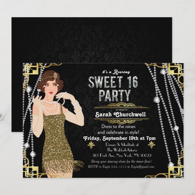 Great Gatsby Flapper Sweet 16 Birthday Einladung (Vorne/Hinten)