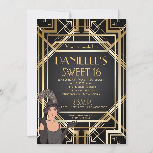 Great Gatsby Inspiriert Art Deco Sweet 16 Einladun Einladung (Vorderseite)