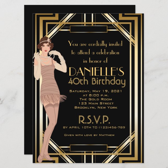 Great Gatsby Inspirred Art Deco Birthday Einladung (Vorne/Hinten)