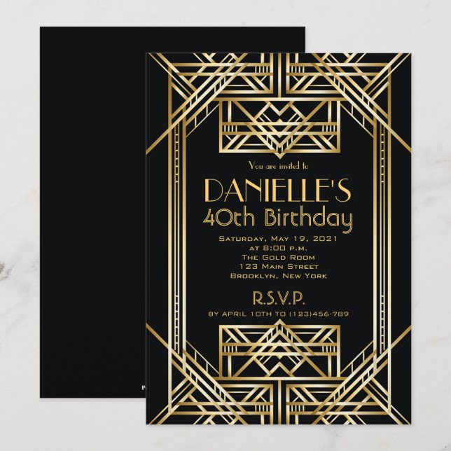 Great Gatsby Inspirred Art Deco Birthday Einladung (Vorne/Hinten)