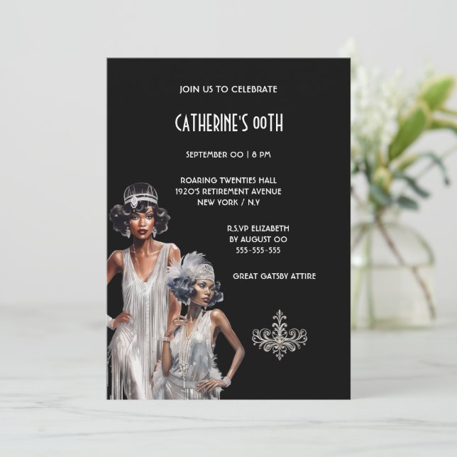 Great Gatsby melanin Damen luxuriösen Geburtstag Einladung (Stehend Vorderseite)