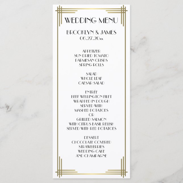 Great Gatsby White Art Deco Wedding Menu Card Menükarte (Vorderseite)