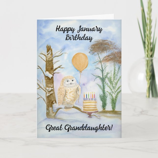 Great Granddaughte Happy January Birthday Owl Cake Karte (Vorderseite)