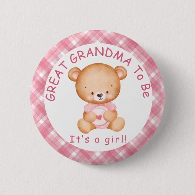 GREAT GRANDMA wird Pink Kariert Baby Dusche Button (Vorderseite)