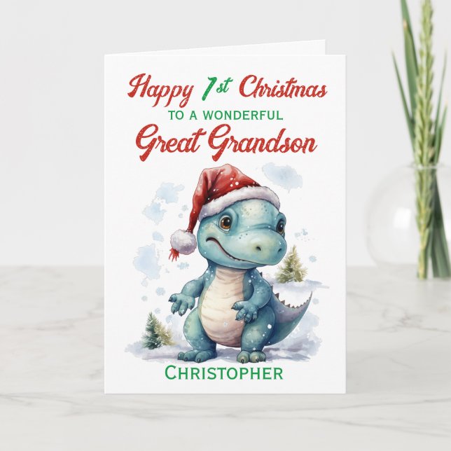 Great Grandson 1st Christmas Dinosaurier Feiertagskarte (Vorderseite)