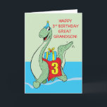 Great Grandson, 3. Geburtstag Dinosaurier Karte<br><div class="desc">Diese lustige Karte ist alles,  was Sie brauchen,  um Sie lieben Urenkel an seinem 3. Geburtstag überraschen. Er wird sicherlich überrascht sein,  wenn er diesen lächelnden Dinosaurier sieht,  der sein Geschenk auf seinem Rücken trägt.</div>