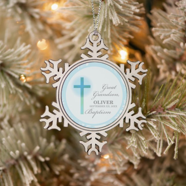 Great Grandson Taufe Blue Lace Personalisiert Schneeflocken Zinn-Ornament (Baum)