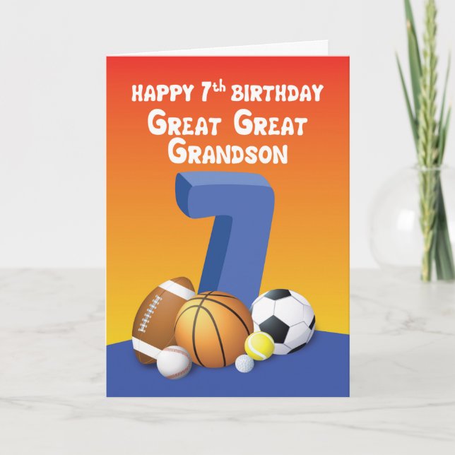 Great Great Grandson 7th Birthday Sports Balls Karte (Vorderseite)