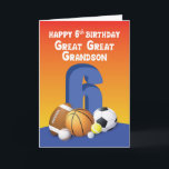 Great Great Great Grandson 6. Geburtstag Sportball Karte<br><div class="desc">Eine dominante Figur auf der Vorderseite ist die Zahl sechs,  die angibt,  wie alt Ihr Urgroßenkel bald sein wird. Diese Karte bietet auch eine lustige Insider-Nachricht,  die sicher sein wird,  seinen Tag aufhellen. Gib ihm das,  wenn er seinen 6. Geburtstag rechtzeitig feiert.</div>