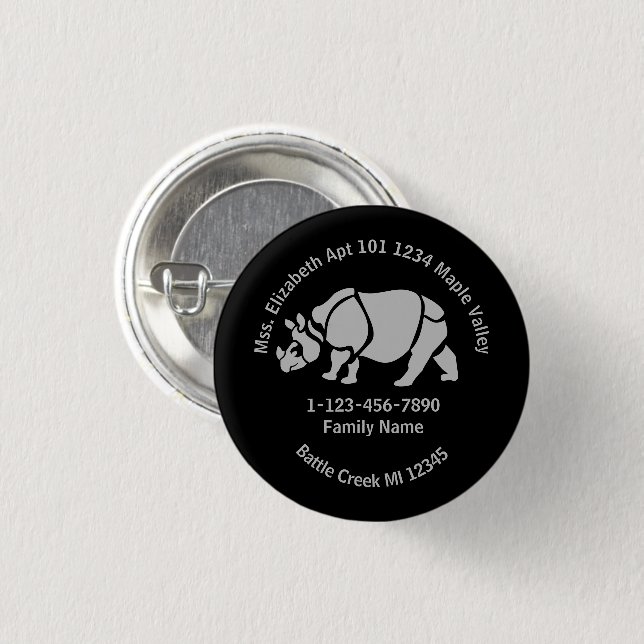 Great Indian Rhino Lost Family Zuhause Address Button (Vorne & Hinten)