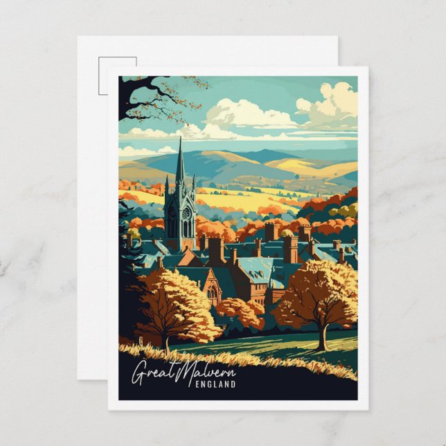 Great Malvern England Vintage Reise Illustration Postkarte (Vorne/Hinten)