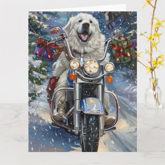 Great Pyrenäen Dog Riding Motorrad Weihnachten Karte (Gelbe Blume)