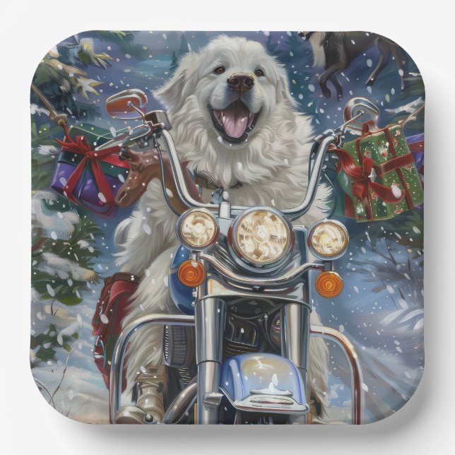 Great Pyrenäen Dog Riding Motorrad Weihnachten Pappteller (Vorderseite)